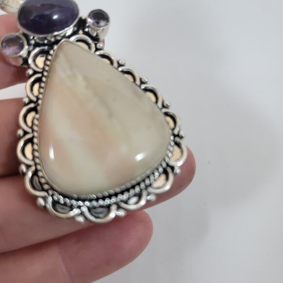 Handmade Silver Pendant with Rainbow Moonstone and Faceted Amethyst Accents - Picture 6 of 10